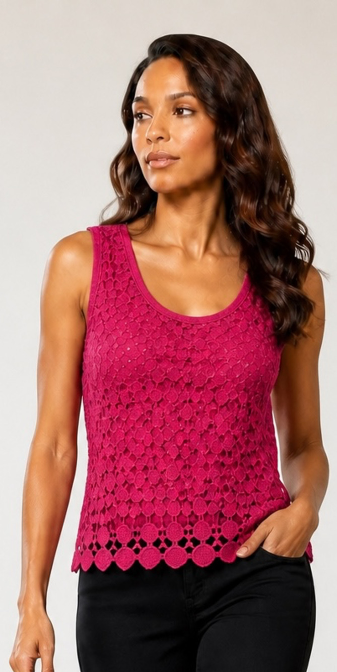 Solitaire Fuchsia Pink Lined Crochet Lace Sleeveless Tank Top